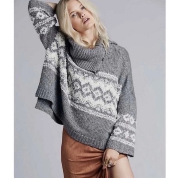 Free People Fair Isle Split Neck Sweater Gray Size XS - Picture 1 of 12